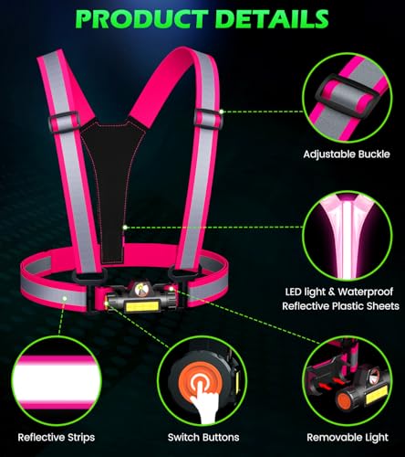 Running Lights for Runners,90°Adjustable LED Reflective Vest Running Gear,Rechargeable Chest Light Up Running Vest Night Walking Safety Gear for Night Walking/Cycling/Jogging - color: Pink