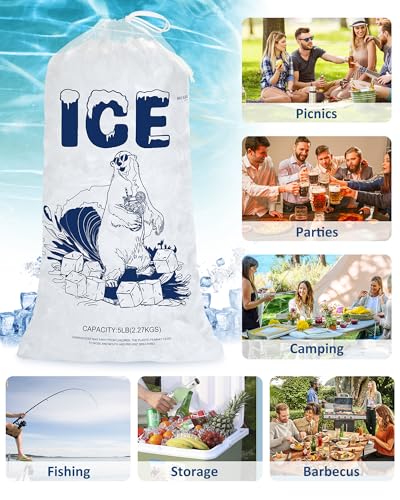 Ice Bags 5lb with Drawstring – 100 Count Durable Reusable Plastic Ice Storage Bags for Freezer, Parties, Ice Makers, Camping - size: 100PACK