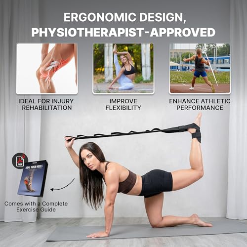 DMoose Fitness Foot & Calf Stretcher with Adjustable Padded Stretching Strap for Plantar Fasciitis, Hamstring, Heel Spurs and Achilles Tendonitis Relief - Yoga Leg Stretch Strap for Flexibility - color: Black Premium