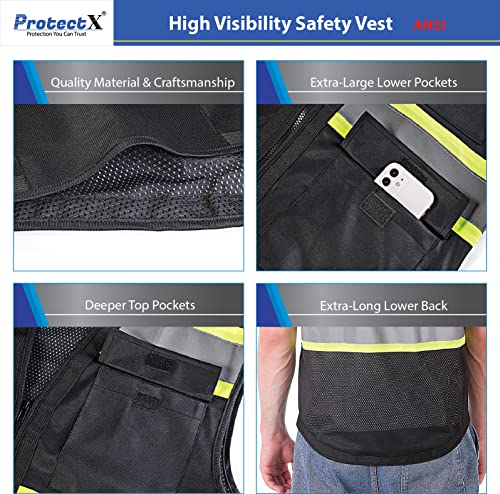 ProtectX High Visibility ANSI Class 2 Safety Vest with 6 Pockets - color: Black - Mesh Fabric, size: Small