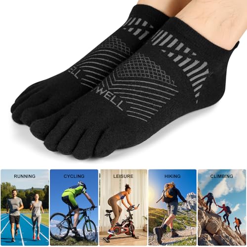 VWELL Toe Socks for Men Women COOLMAX Athletic Running Ankle Socks (3Pairs) - color: Black, size: Small