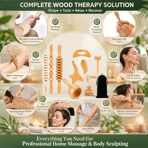 9pcs Wood Therapy Massage Tools, Lymphatic Drainage Tools, Wood Therapy Set with Carry Bag, Maderoterapia Kit, Wood Therapy Tools for Body Sculpting