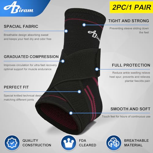 ABIRAM Ankle Brace Compression Sleeve with Adjustable Support Strap - color: Rose, size: Large