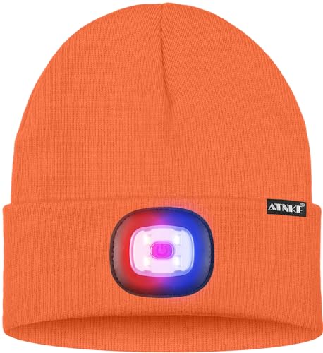 ATNKE LED Lighted Beanie Hat,USB Rechargeable 4 LED Red and Blue Flashing Running Headlamp Cap Gifts for Men and Women - color: #Bright Orange