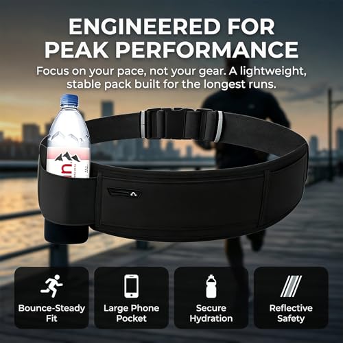 Running Hydration Belt with Water Bottle Holder, Phone Storage, Black - color: Jet Black