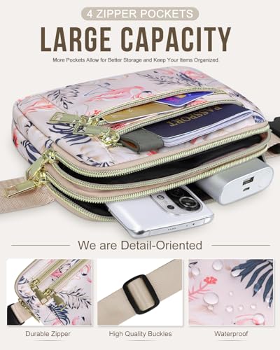 Capolo Fanny Packs for Women 4 Zip Pocket Crossbody Belt Bag Waist Bags - color: Flamingo, size: Medium