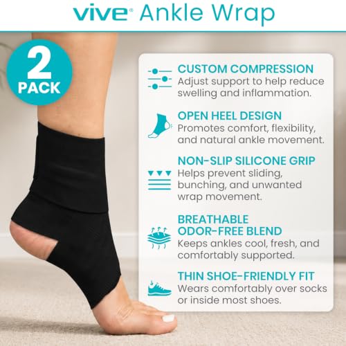 Vive Ankle Wrap (2 Pack) - Strap Heel Brace Stabilizer for Sprained Foot - color: Black