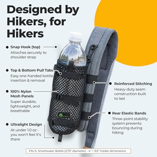 Water Bottle Holder for Backpack Non-Detachable Shoulder Straps - Fits 1L Smartwater, Detachable Rear Clips, Ultralight 0.7 oz, Durable Nylon Mesh Backpack Attachment