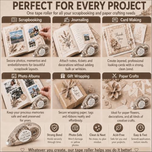 MARCADORUS Double Sided Tape Roller, Scrapbook Tape Runner Extra Long 52Ft - size: 52.5 Ft x 0.31 In : 8 Pack