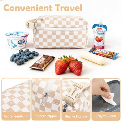 Fammart Freezable Snack Bag with Removable Ice Packs, Small Insulated Lunch Bag Mini Cooler, Leakproof Reusable Snack Lunch Box with Buckle Handle for Work, Travel, Office - Checkered Khaki - color: with Ice Packs - Checkered Khaki
