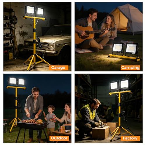 LED Work Lights with Stand, 14000 Lumen, 2-Head Adjustable Work Light