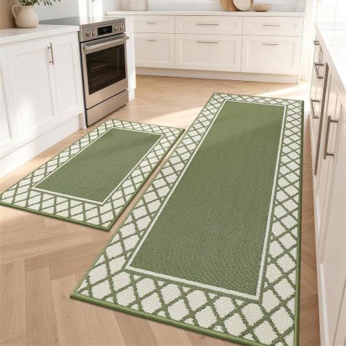 COSY HOMEER Washable Kitchen Rugs Sets of 2 Non-Slip Kitchen Mats,Green - color: Green, size: 24"x35" + 24"x60"