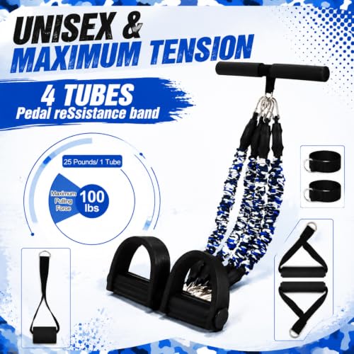 Arrowbash 4 Tube Foot Pedal Resistance Band 100lbs Adjustable Stirrup Puller Exercise Bands with Handles Ankle Cuffs Camouflage Blue Multifunction Home Gym Equipment for Men Women Full Body Workout