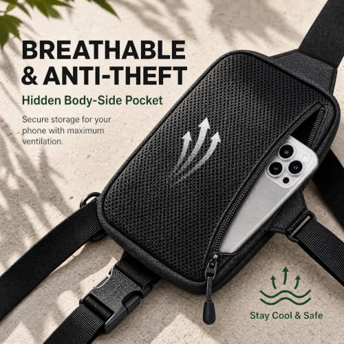 Simptech Crossbody Sling Bag - RFID Blocking Anti-Theft Chest Pack - 500D Nylon Fanny Pack, Hidden Pocket & Cut-Resistant Strap for Running, Travel & Everyday Workout - color: Black Plus