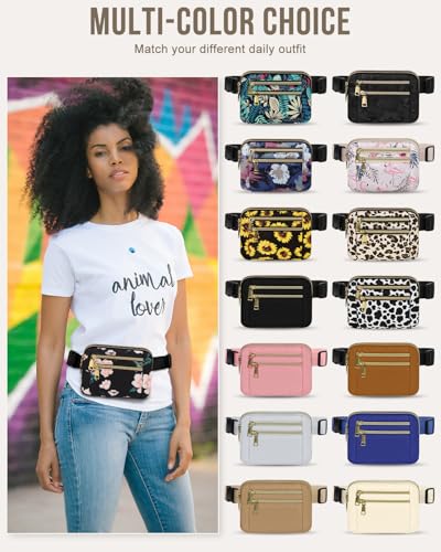 Capolo Fanny Packs for Women 4 Zip Pocket Crossbody Belt Bag Waist Bags - color: Black Flower, size: Medium