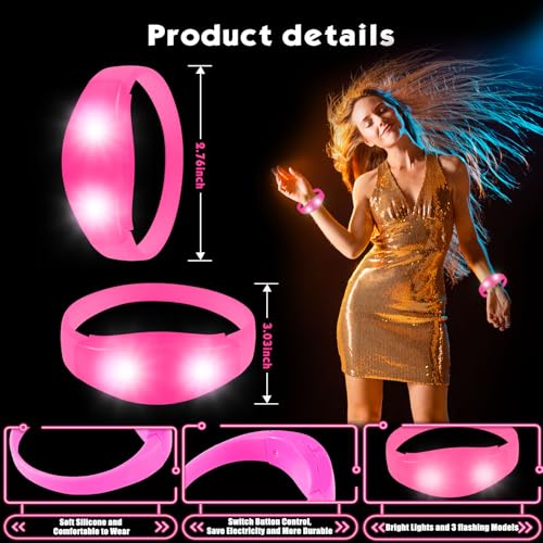 12 Pcs LED Glow Bracelets Sound Activated Flashing Light Up Bracelet for New Years Eve Glow in the Dark Party Supplies Christmas Party Favors Birthday Gift Carnival Concerts Night Events - color: Pink