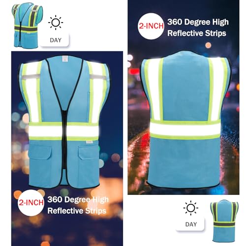 High Visibility Reflective Safety Vest with Zipper and Pockets Sky Blue,M - color: Sky Blue, size: Medium