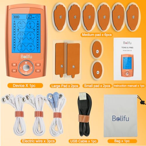 Belifu TENS Unit PMS Massager 24 Modes Muscle Stimulator, Electronic Tens Machine for Neck, Back, Arms & Chronic Pain Relief - color: Orange