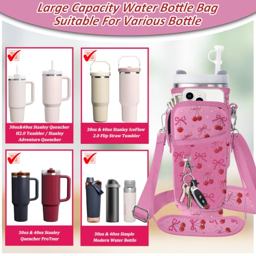 Water Bottle Carrier Bag for Stanley 40/30oz Cup Tumbler with Phone Pocket,Insulated Crossbody Water Bottle Holder with Adjustable Strap,Water Bottle Sling Pouch for Hiking Walking Camping Accessories - color: Pink Cherry Bow