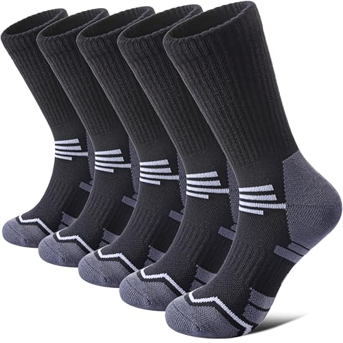 FNOVCO Women's Hiking Walking Running Crew Socks Thick Cushioned Athletic Compression Socks 5 Pairs - color: Black 02, size: 5-8