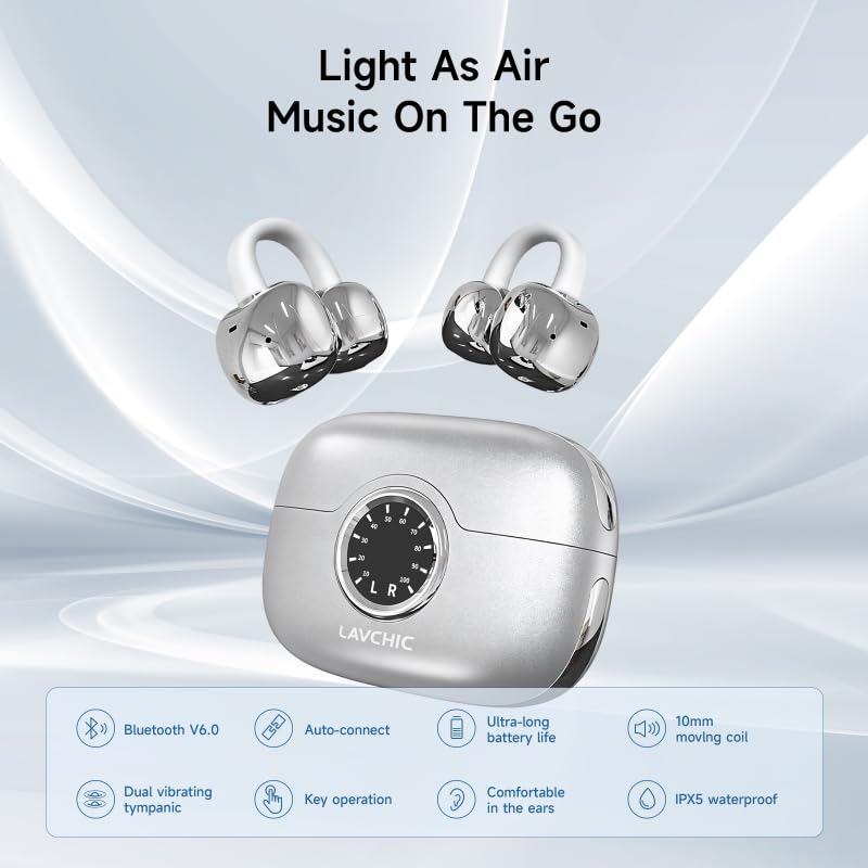 A80 Open Ear Earbuds, Clip On Wireless Headphones with Microphone - color: Silver