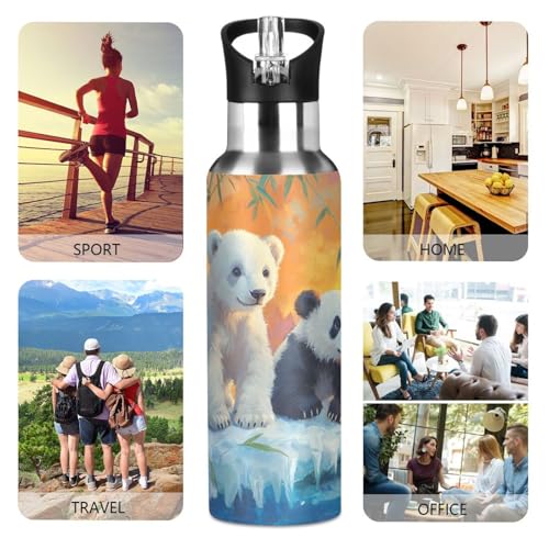 OTVEE Polar Bears and Pandas Water Bottle Sports Water Bottle Insulated Stainless Steel Hot Cold Water Mug with Straw Lid & Handle for Sports Gym 20 oz - color: Polar Bears and Pandas