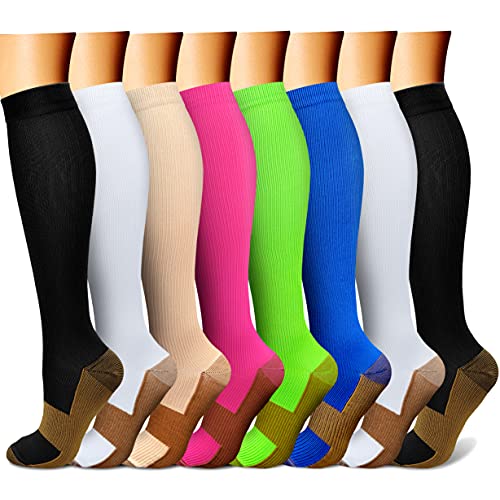 FEYHAY Copper Compression Socks (8 Pairs) 15-20 mmHg Circulation is Best Athletic & Daily for Men & Women, Running, Climbing - color: 03 Black/Black/White, size: Small-Medium
