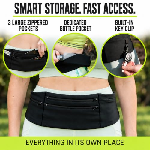 StashBandz Running Belt & Money Belt, 3 Zipper Pockets + Bottle Holder - size: X-Large