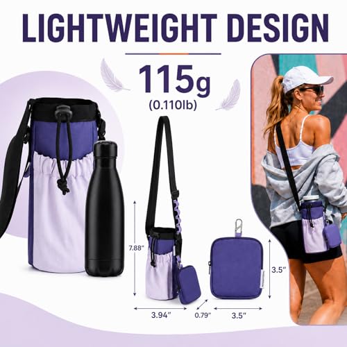 Water Bottle Holder with Strap Fits 16-24oz Bottle, Water Bottle Carrier with Earphone Bag, Hands-Free Crossbody Bottle Bag for Dog Walking, Travel, Hiking & Everyday Use - color: Purple