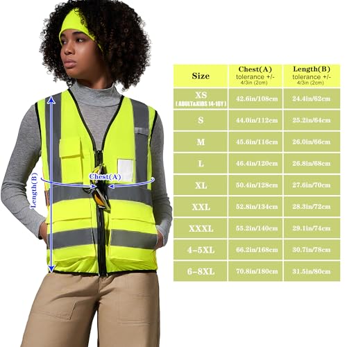 A-SAFETY High Vis Safety Vest for Women - Reflective Strips, Multi-Pockets, Zipper Closure - color: Yellow, size: Large