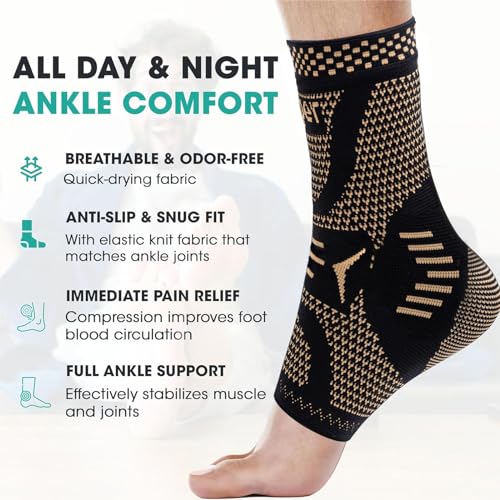 INDEEMAX Ankle Brace for Sprained Ankle Compression Sleeve, 2 Pack Copper Infused Ankle Support Brace for Women & Men, Plantar Fasciitis Relief Achilles Tendonitis, Sports Running, Copper Black, L - color: Copper Black, size: Large
