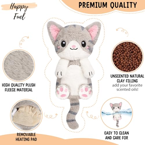 Happy Fuel Grey Cat Microwavable 1.5 lbs Unscented Heating Pad for Women & Kids- Cute Soft Cozy Pillow Plush Heatable Warm Stuffed Animals- Kawaii Hot & Cold Plushie - Gray Cat Gifts for Girls & Women - color: Grey White Cat