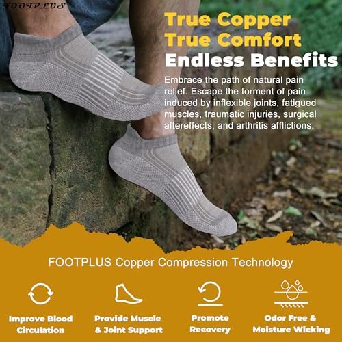 FOOTPLUS Copper Compression Socks,Unisex Cushioned Sole Arch Support Athletic Ankle/Crew Running Hiking Socks - color: 6 Pairs- 3 Light Grey& 3 Dark Grey Socks, size: Large