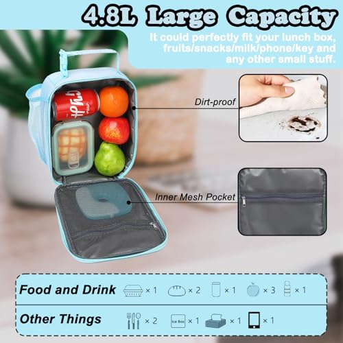 FlowFly Lunch box Insulated Soft Bag Mini Cooler Back to School Thermal Meal Tote Kit With Buckle and Mesh Side Pocket for Girls, Boys, BlueWithLetter - color: BlueWithLetter