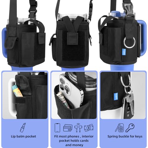 Xxerciz Water Bottle Carrier Pouch with Phone Pocket for Stanley 30 oz Tumbler with Handle, Nylon Water Bottle Holder Pouch with Adjustable Strap for Stanley Cup Accessories, Black