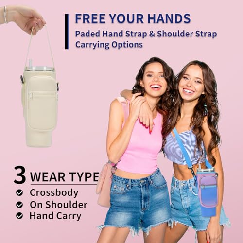 GOEWY Water Bottle Carrier Bag for Stanley Cup 40/30oz with Phone Pockets - color: Creamy, size: 30oz