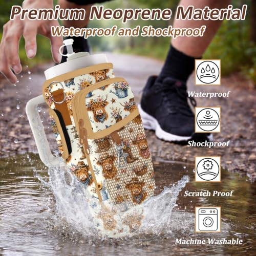 Water Bottle Carrier Bag for Stanley 40/30oz Cup Tumbler with Phone Pocket,Insulated Crossbody Water Bottle Holder with Adjustable Strap,Water Bottle Sling Pouch for Hiking Walking Camping Accessories - color: Cowboy Highland Cow Sunflower