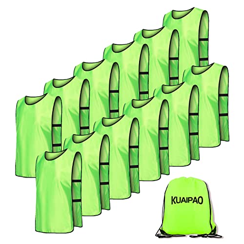 KUAIPAO 12 Pieces Soccer Pinnies Scrimmage Vest Team Practice Jerseys Sports Pinnies With Free Carry Bag - color: Neon Green, size: X-Large