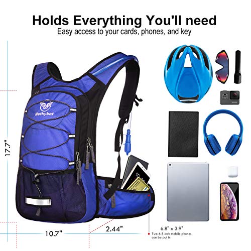 Mothybot Insulated Hydration Backpack Pack with 3L BPA Free Leak Proof Water Bladder, Large Storage Lightweight Hiking Daypack with Waist Pouches & Cooler Layer, for Running, Biking, Camping, Festival - color: Dark Blue