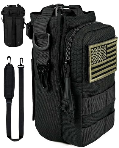 DEFUNX 32 Oz Water Bottle Holder with Strap Bottle Carrier Bag with Phone Pocket MOLLE System for Walking - color: All Black