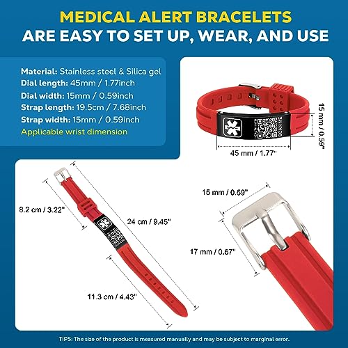 Medical Bracelets for Men Women with QR Code Medical Alert ID Bracelets - color: Flame Red Black