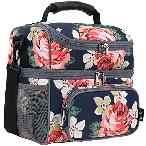 FlowFly Double Layer Cooler Insulated Lunch Bag Adult Lunch Box Large Tote Bag for Men, Women, With Adjustable Strap,Front Pocket and Dual Large Mesh Side Pockets - color: Peony