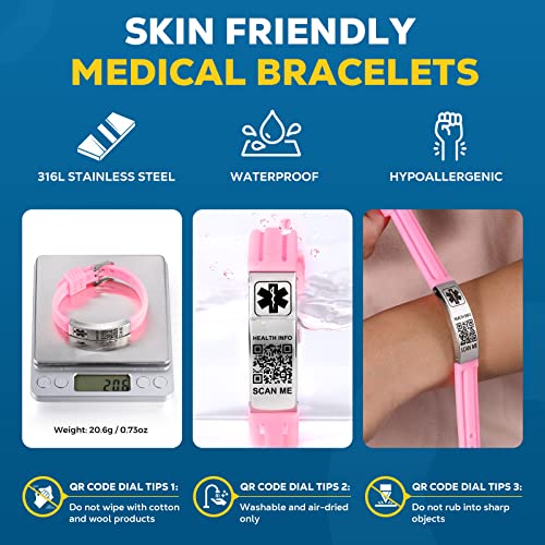 Medical Bracelets for Men Women with QR Code Medical Alert ID Bracelets - color: Sakura Pink Silver