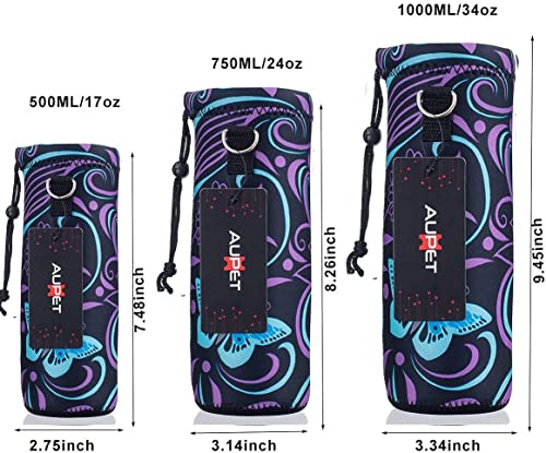 AUPET Water Bottle Sling Bag Carrier Crossbody Sleeve,Insulated Neoprene Bottle Case Holder Pouch Cover 500ML/17oz with Shoulder Strap for Walking Women Men - color: Purple Flower