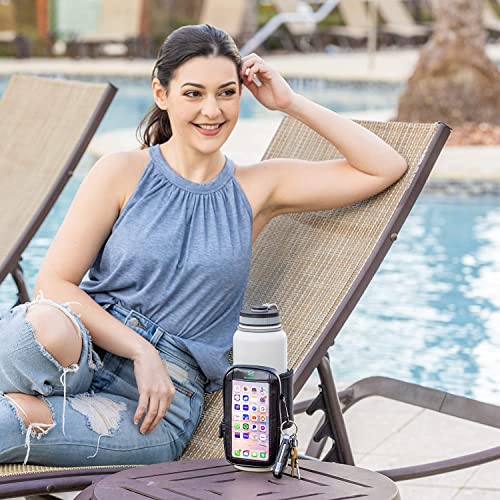 Gym Water Bottle Pouch with Waterproof Touchscreen Accessory Pocket for Phone. Keychain Carabiner, Side Mesh Pocket for AirPods. Fits 18-40 oz Stanley, Hydro Flask, Yeti, Iron Flask Bottles - style: Touchscreen Phone Pouch (Black 18-40 oz)