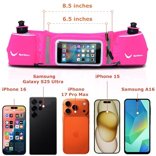 No.1 Hydration Belt by Runtasty - Premium Running Fuel Belt w/2 BPA-Free 10 oz Water Bottles, Tilt-Up Pocket w/Touchscreen-Ready Cover - Fits All iPhones, Runners Ebook & No-Bounce Design - color: Hot Pink
