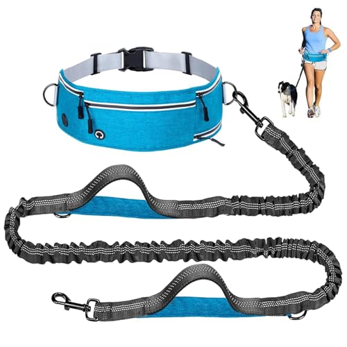 Hands Free Dog Leash with Partitioned Pouch Adjustable Waist Belt, Waist Leash for Dog Walking Running, Dual Handles,for Medium/Large Dogs - color: Blue