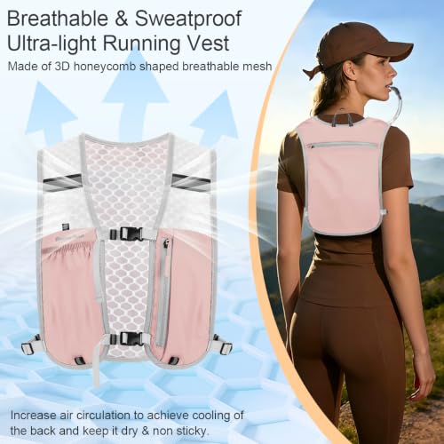 Running Vest Hydration Backpack for Men Women, Lightweight Breathable Hydration Packs, Adjustable Chest Straps Daypack, Reflective Water Running Vest for Marathon, Trail, Hiking, Cycling - color: Pink