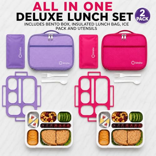 kinsho Bento Lunch Box Set of 2, Ice Pack with Insulated Bag, Pink & Purple - color: Lilac + Pink