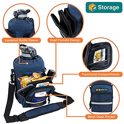SUN CUBE Insulated Water Bottle Carrier Bag with Strap, Crossbody Sling - color: Navy, size: 64 oz